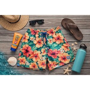 Arena Mens Sashay Floral Hibiscus Swim Trunks Board Shorts Green Orange Medium